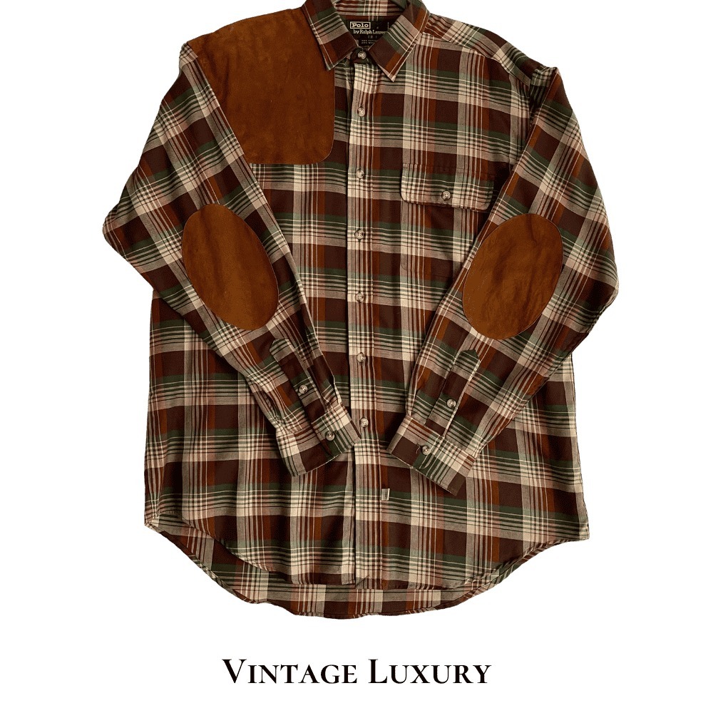 VTG Polo Ralph Lauren Shadow Plaid Shooting Shirt Suede Elbow Patches RRL Style
